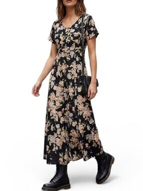 Vintage Molly Malloy Floral Button Front Maxi Dress Black Multi 14